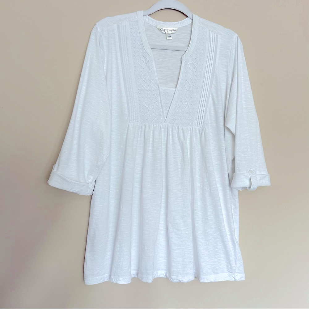 Krazy Kat Women’s White Relaxed 3/4 Adjustable Sleeve Tunic